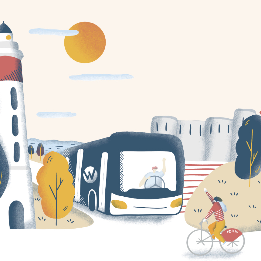 Illustration d'un tramway et d'un cycliste à Caen