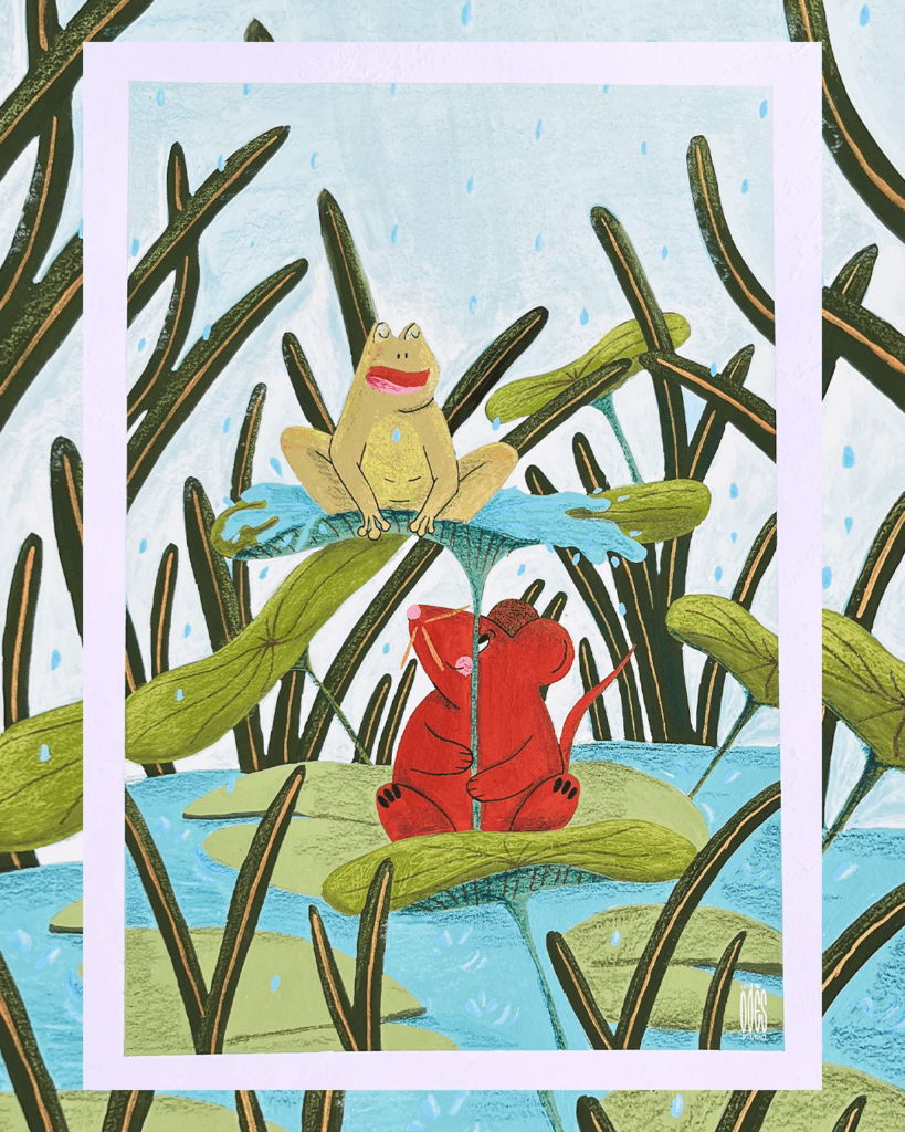 Illustration d'une grenouille et d'une souris sous la pluie