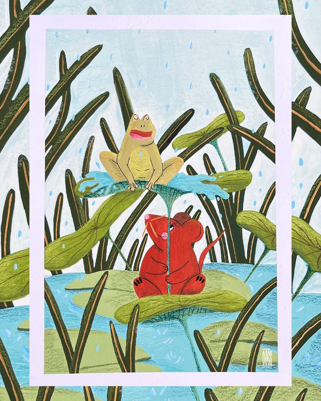 Illustration d'une grenouille et d'une souris sous la pluie