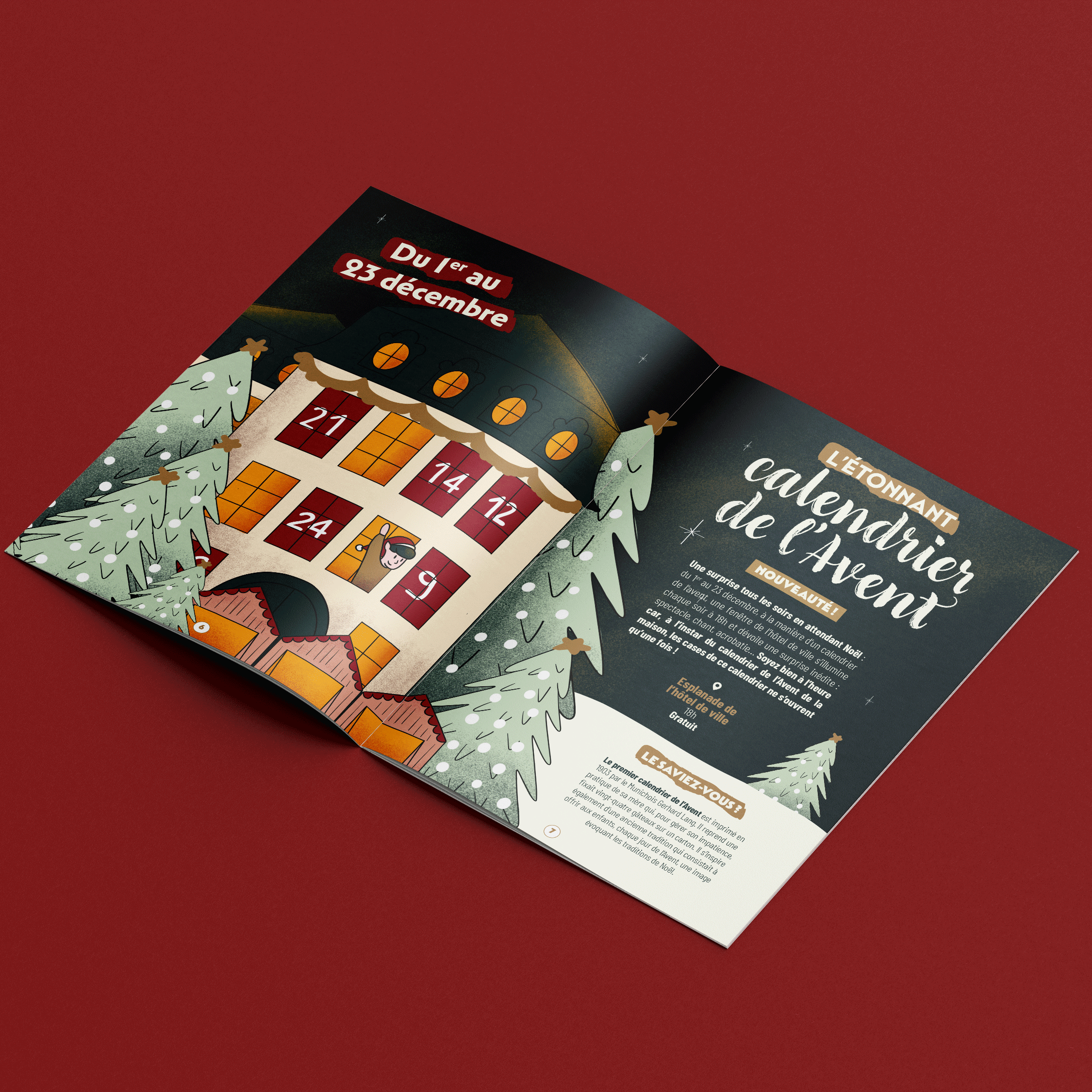 Photo d'une brochure de Noël ouverte sur une illustration