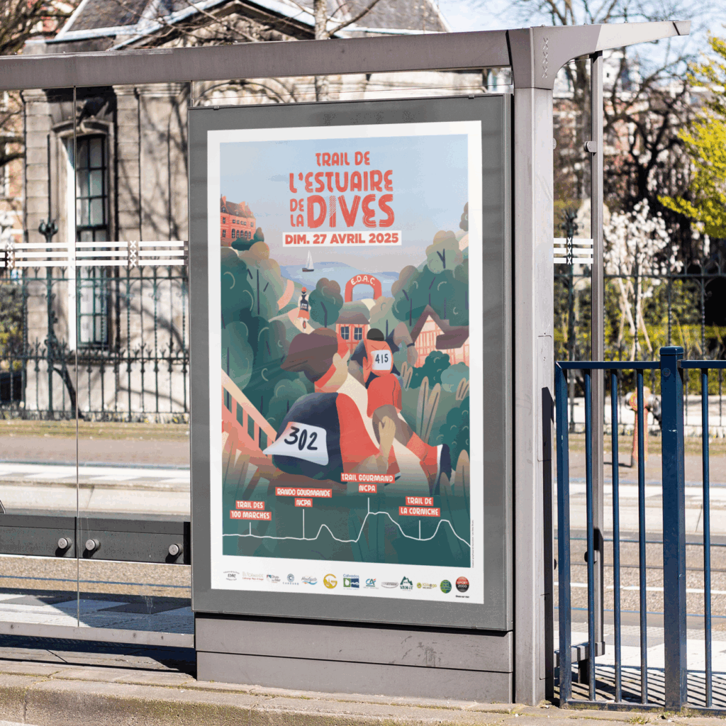 Photo de l'affiche du Trail de l'Estuaire de la Dives dans un abribus