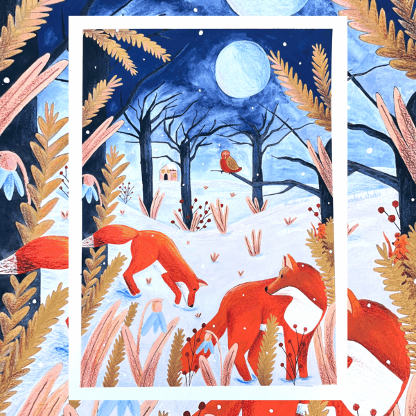 Illustration de renards jouant dans la neige
