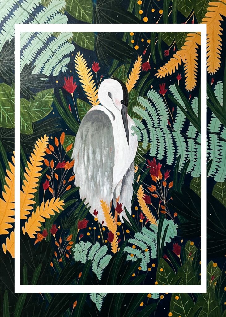 Illustration d'un héron au milieu de la végétation