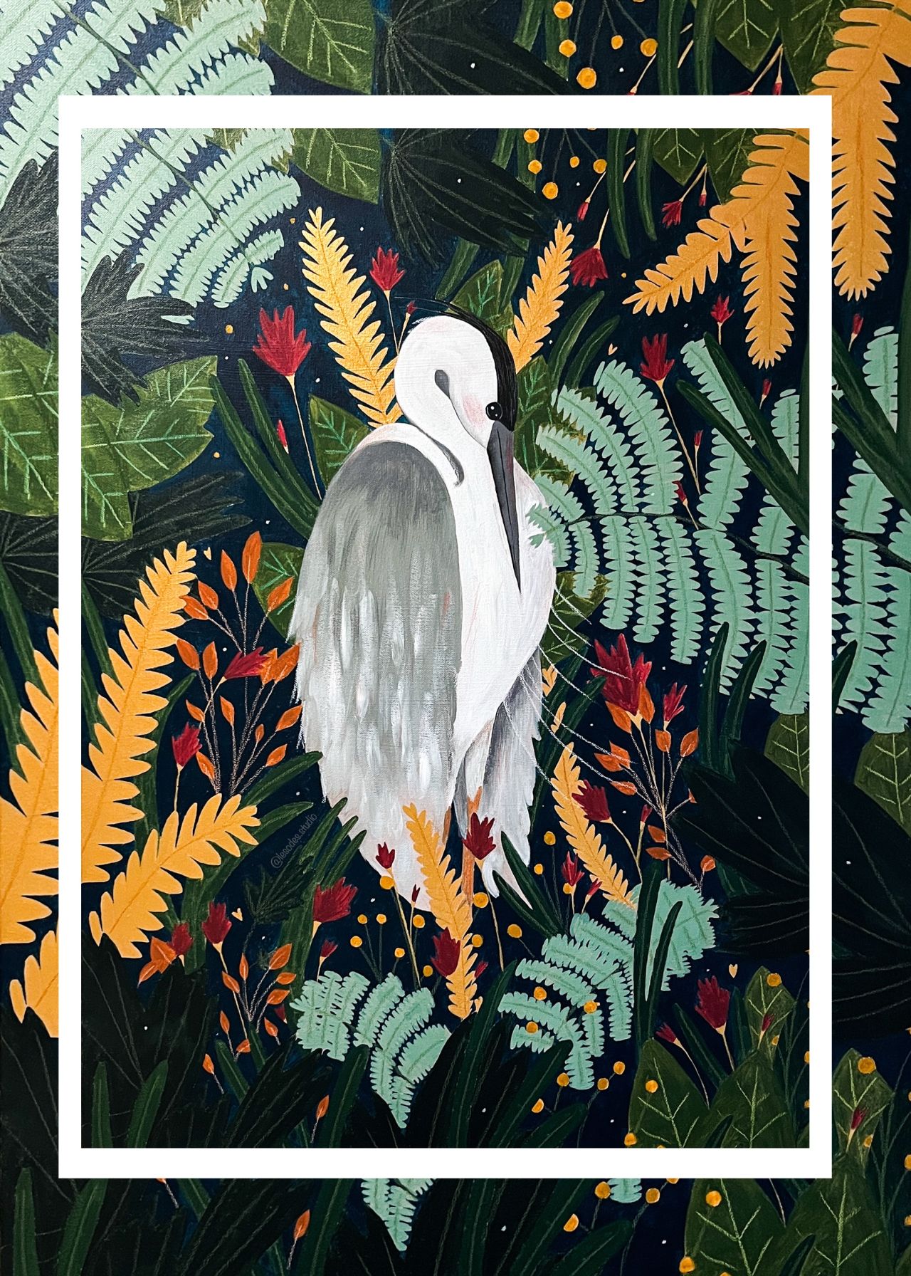 Illustration d'un héron au milieu de la végétation