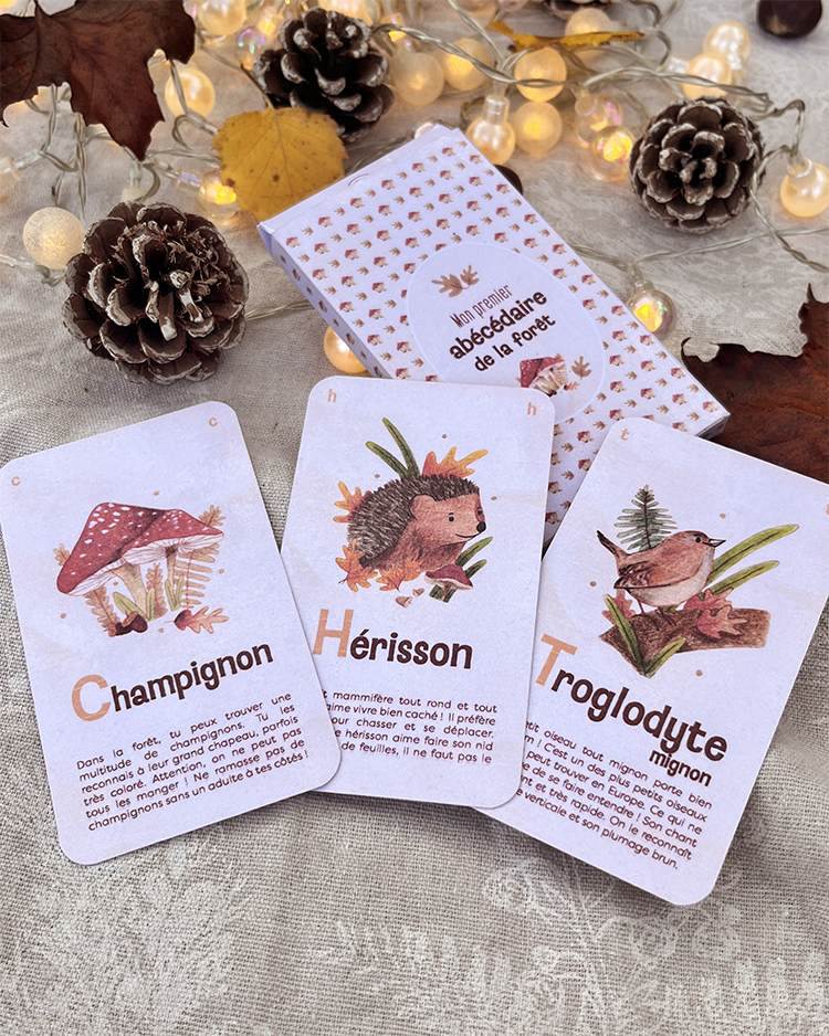 Photo d'un abécédaire illustré de la forêt en format jeu de carte