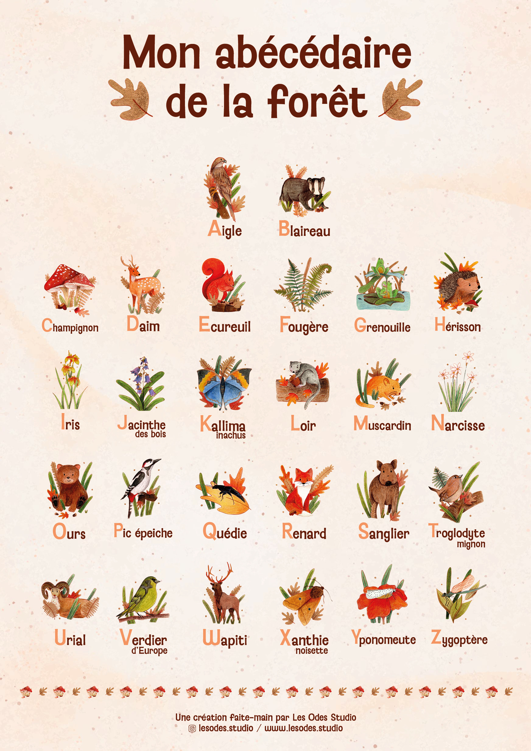 Affiche abécédaire illustré de la forêt