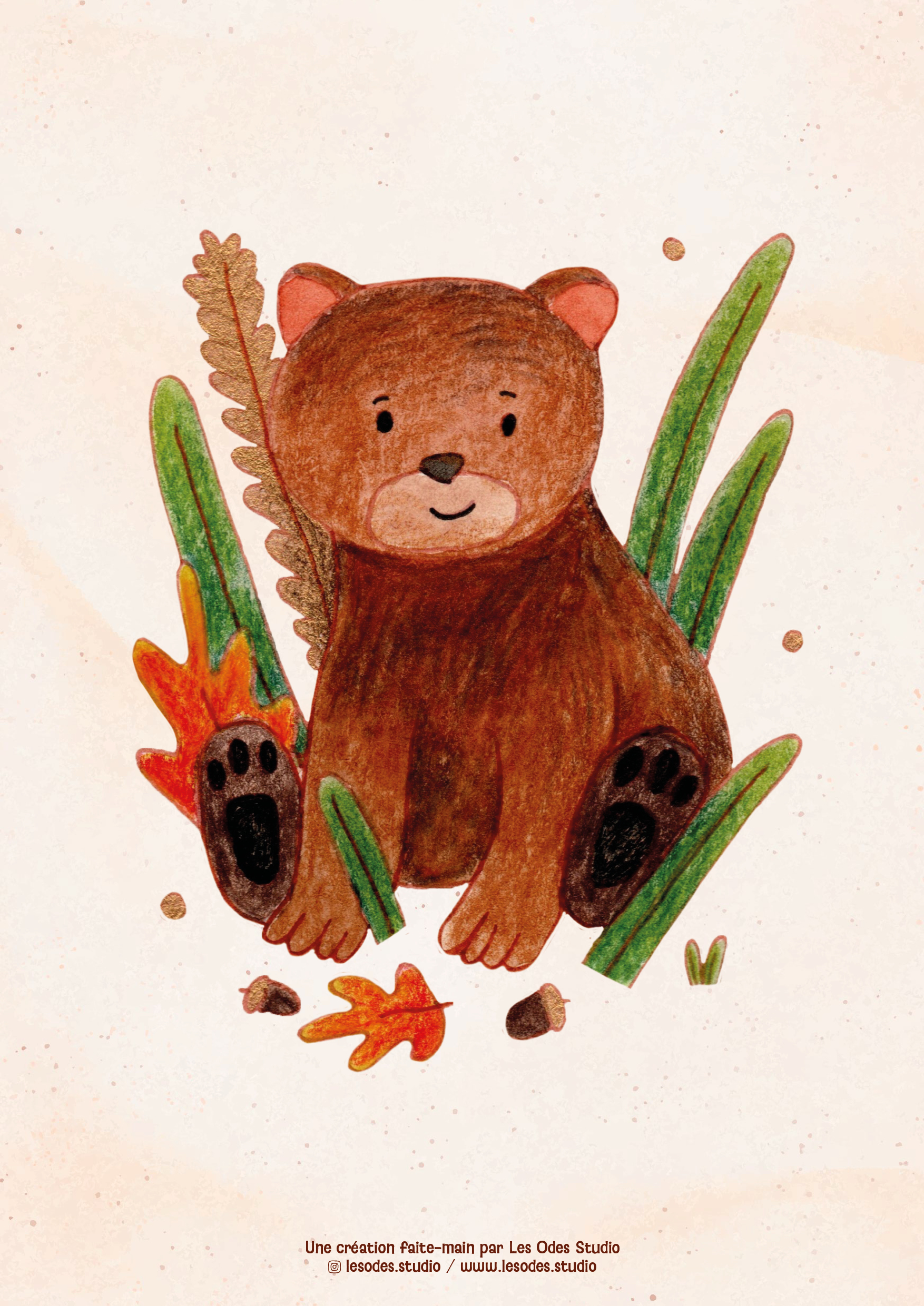 Illustration d'un petit ourson brun à l'aquarelle