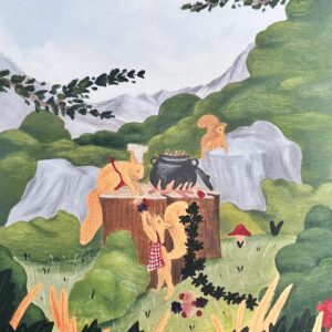 Illustration d'écureuil faisant la cuisine dans les bois