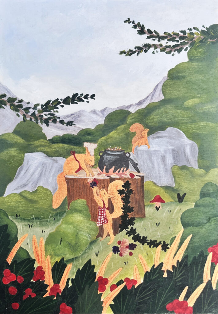 Illustration d'écureuil faisant la cuisine dans les bois