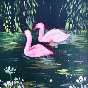 Peinture de cygnes nageant sur une rivière entourés de végétation