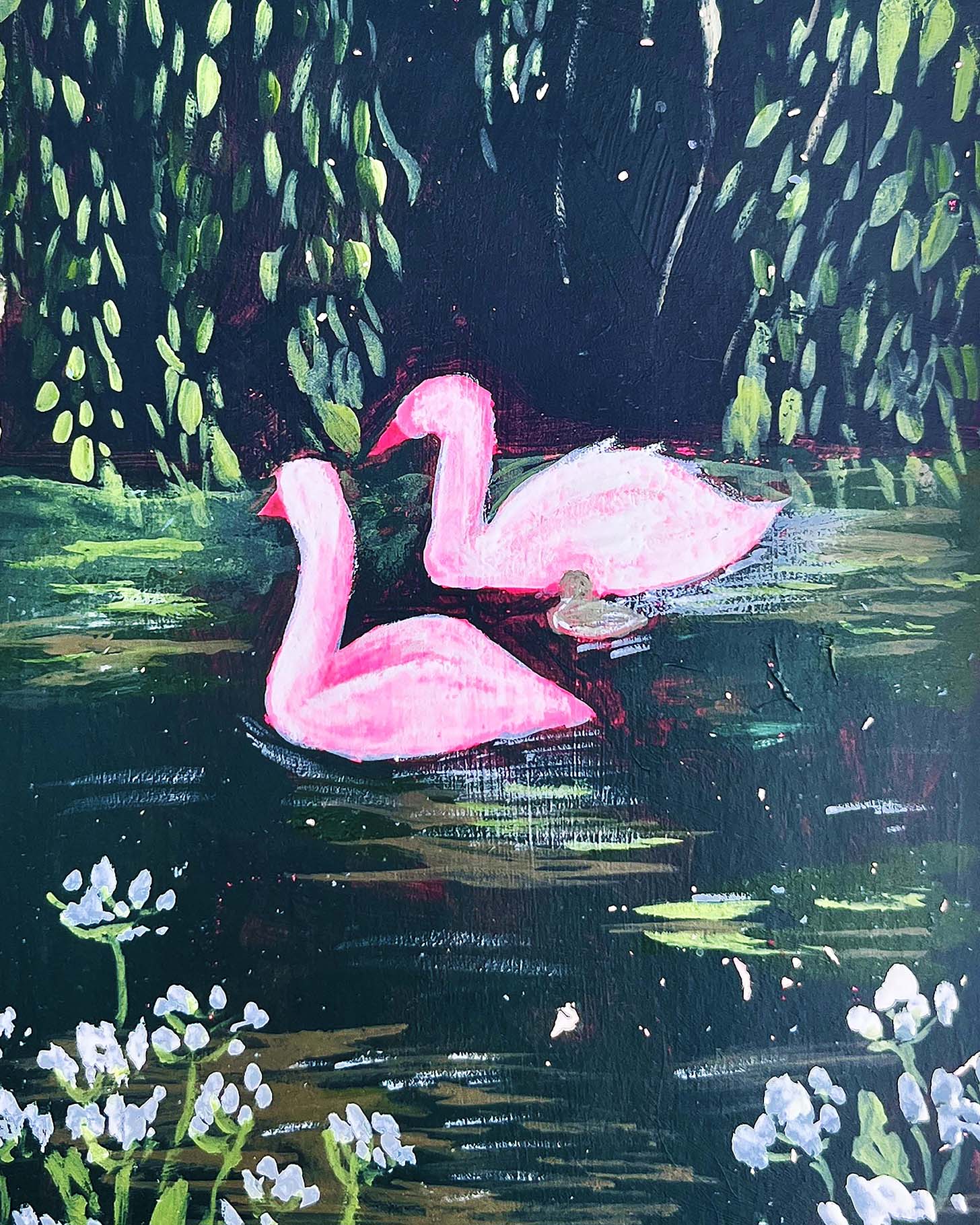 Peinture de cygnes nageant sur une rivière entourés de végétation