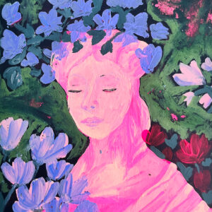 Peinture d'une statue de femme au milieu de la végétation